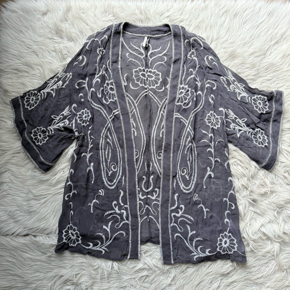 Boho Floral Embroidered Sheer Gray Women's Top Kimono Cover Up Cardigan Blouse 2
